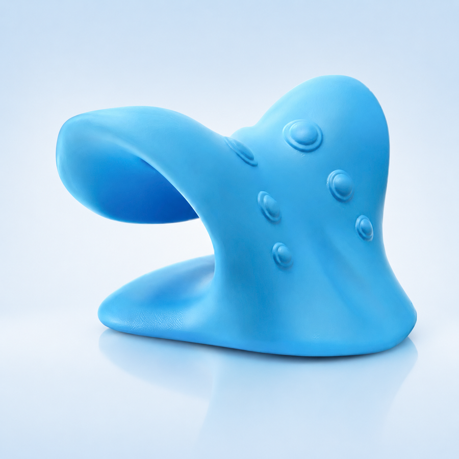 Ergonomic blue cervical neck support pillow with massage nodes for alignment and traction